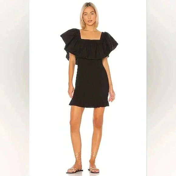 NWT‎ Revolve Dress SOLID & STRIPED Smocked Ruffle Black Poplin size Large - Picture 1 of 15